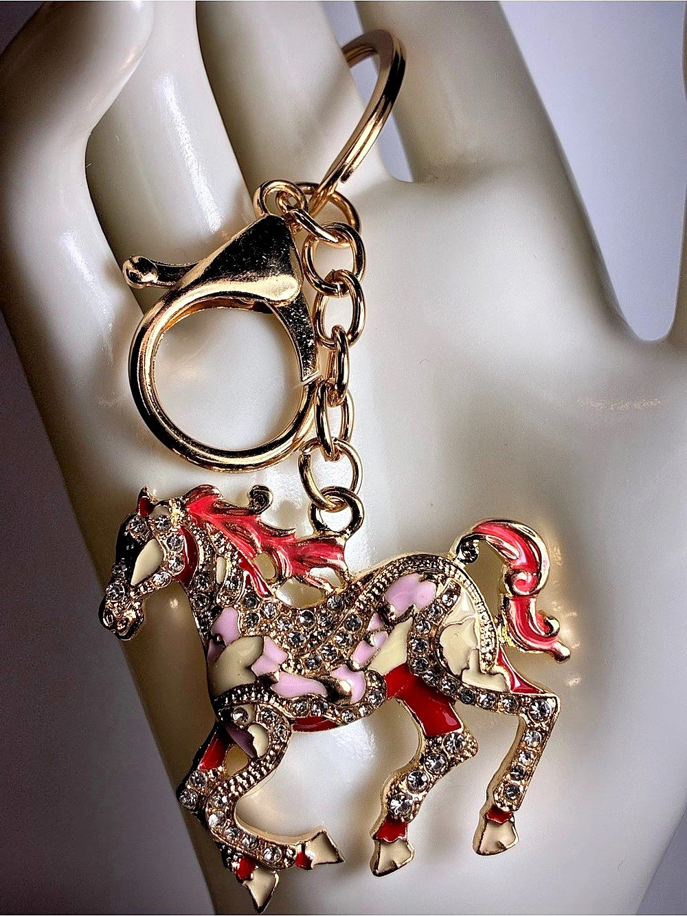 Horse Charm Rhinestone Keychain Bag Charm in Gold & Red New Without Tags